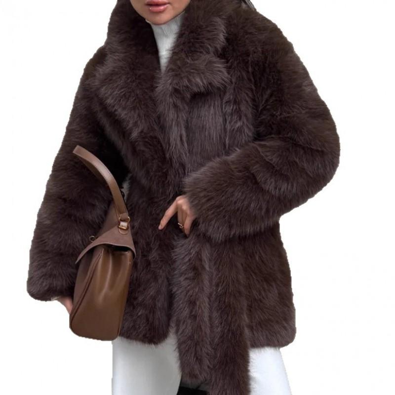 Womens Faux Fur Coat Mid-Length With Belted Waist Elegant Winter Outerwear In Black Coffee Beige
