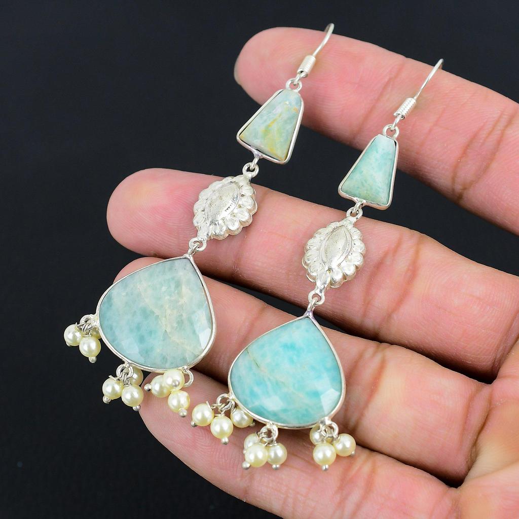Natural Amazonite Gemstone Drop/Dangle Earrings 925 Sterling Silver Jewelry