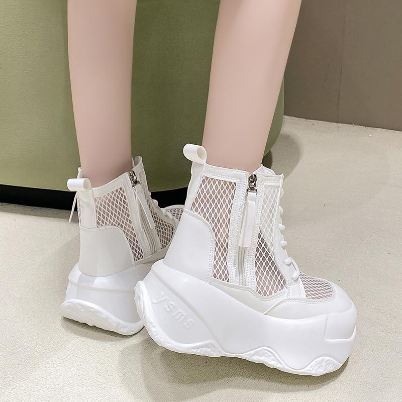Fashion 8CM NEW Fashion Women Mesh Platform Sneakers Shoes High Heel Wedges Outdoor Breathable Casual Shoes 2025 Autumn Round Toe Boots
