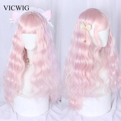 Long Curly Pink Synthetic Wig with Bangs Natural Hair for Women Lolita Cute Cosplay Wigs Heat Resistant