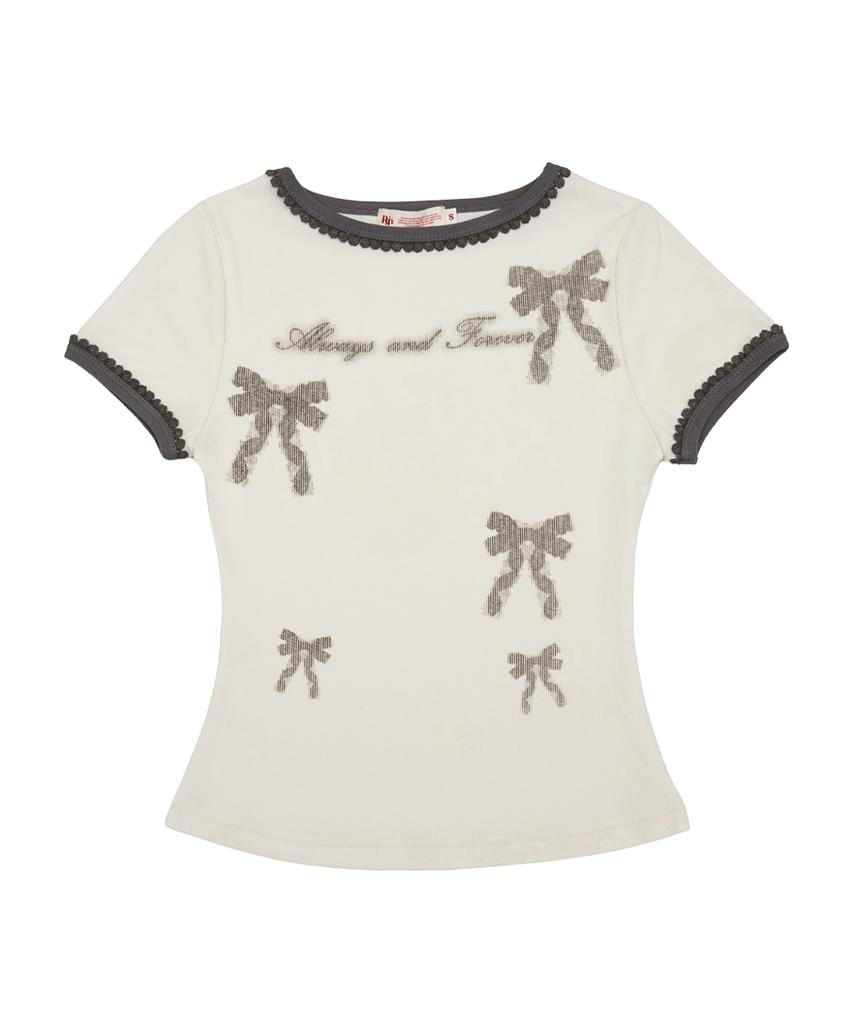 Loginaenloji Ribbon Printed Slim Ringer T-Shirt Ivory