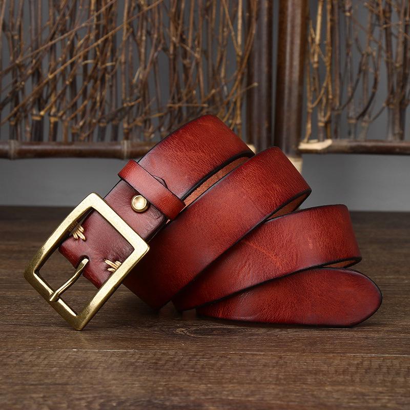 

Унисекс ремень из состаренной кожи 3,2 см с пряжкой-штырьком - Винтажная коровья кожа 115cm