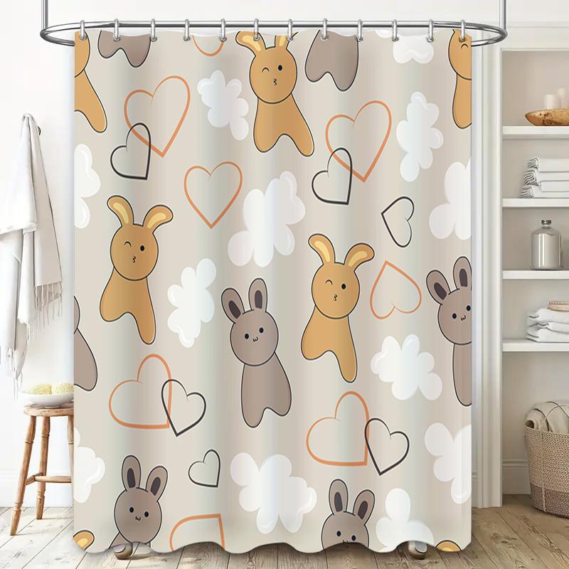 Adorable Rabbit Heart Shower Curtain Modern Bathroom Decor, Waterproof Fabric For Kids Bathing Room 72 X 72 Inches