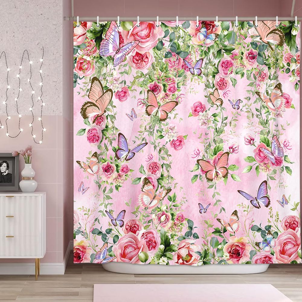 

Pink Butterfly Shower Curtain Spring Bathroom Decor Set With Blooming Floral,Cloth Fabric Bathroom Decor Set With Hooks Colorful W60H190(CM)-1 Pcs
