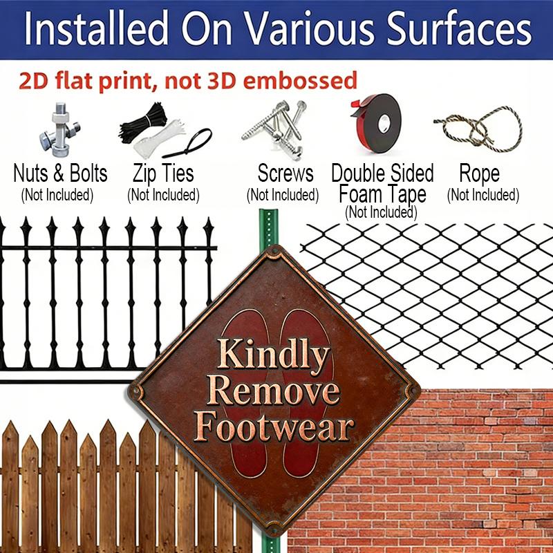 2D Flat 1pc, Shoe Removal Etiquette Theme, Home Decor Gift for Organized Living Lovers, Vintage Metal Sign, Suitable for Entryway, Doorway, Shoe