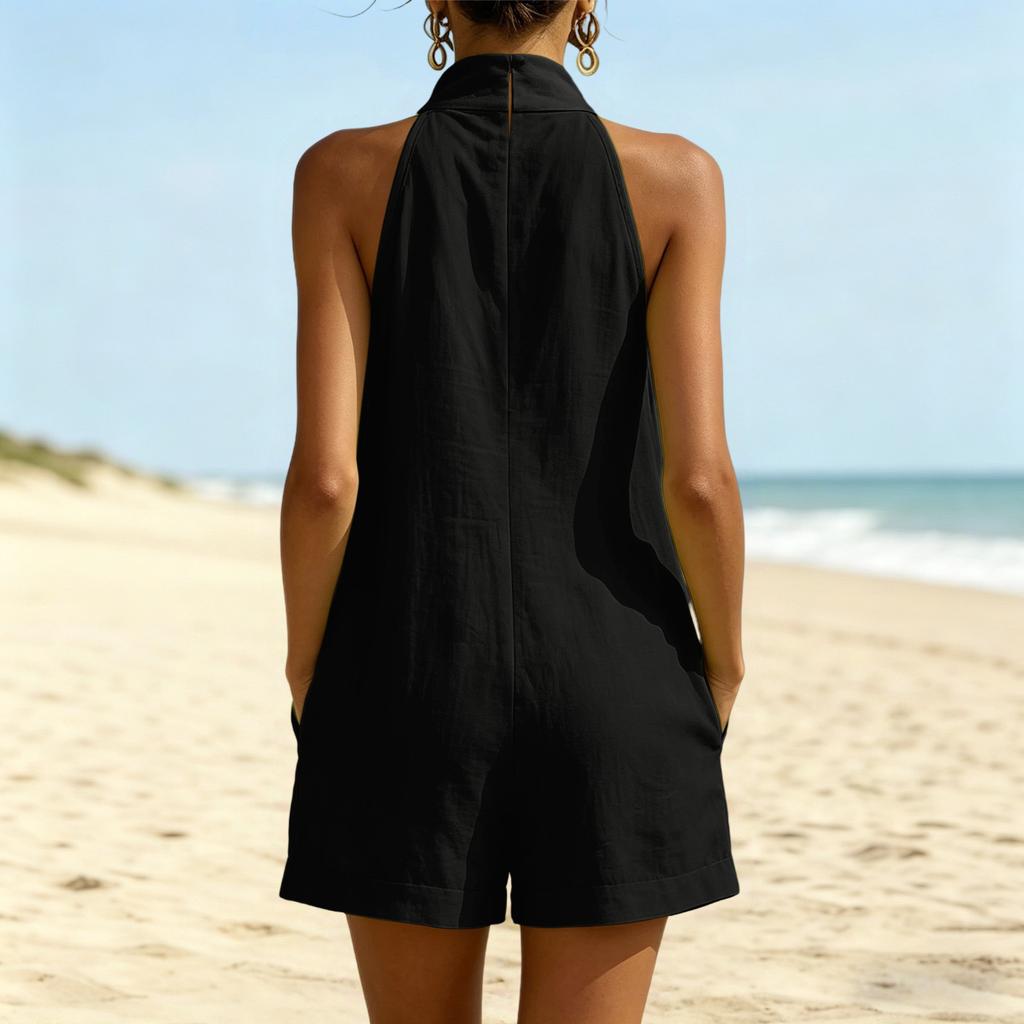 Women’s Sleeveless Neck V Neck Loose Fit Jumpsuit with Pockets Casual Solid Romper for Summer