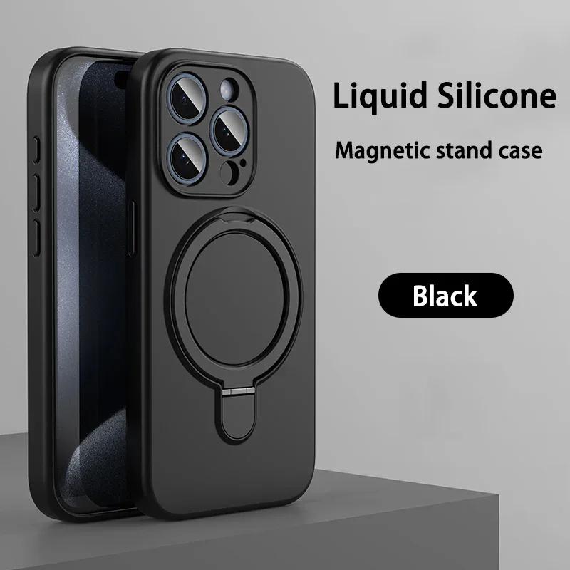 Liquid Silicone Magnetic Stand Case For iPhone 16 14 Plus 13 15 Pro Max 12 For Magsafe Wireless Charging Invisible Holder Cover