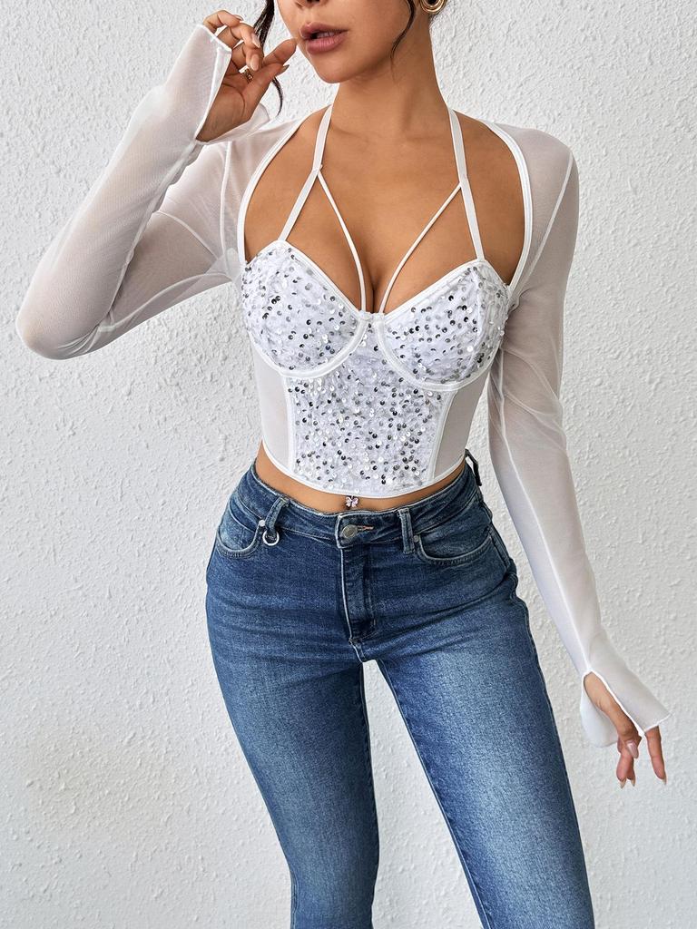 Summer Sexy Slim Fit Lace Chiffon Top with Steel Ring and Fishbone Design for a Spicy Look