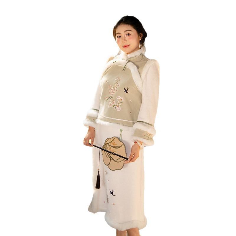 8 fat MM women's autumn and winter new new Chinese embroidery versatile and thin literary and retro large size set
