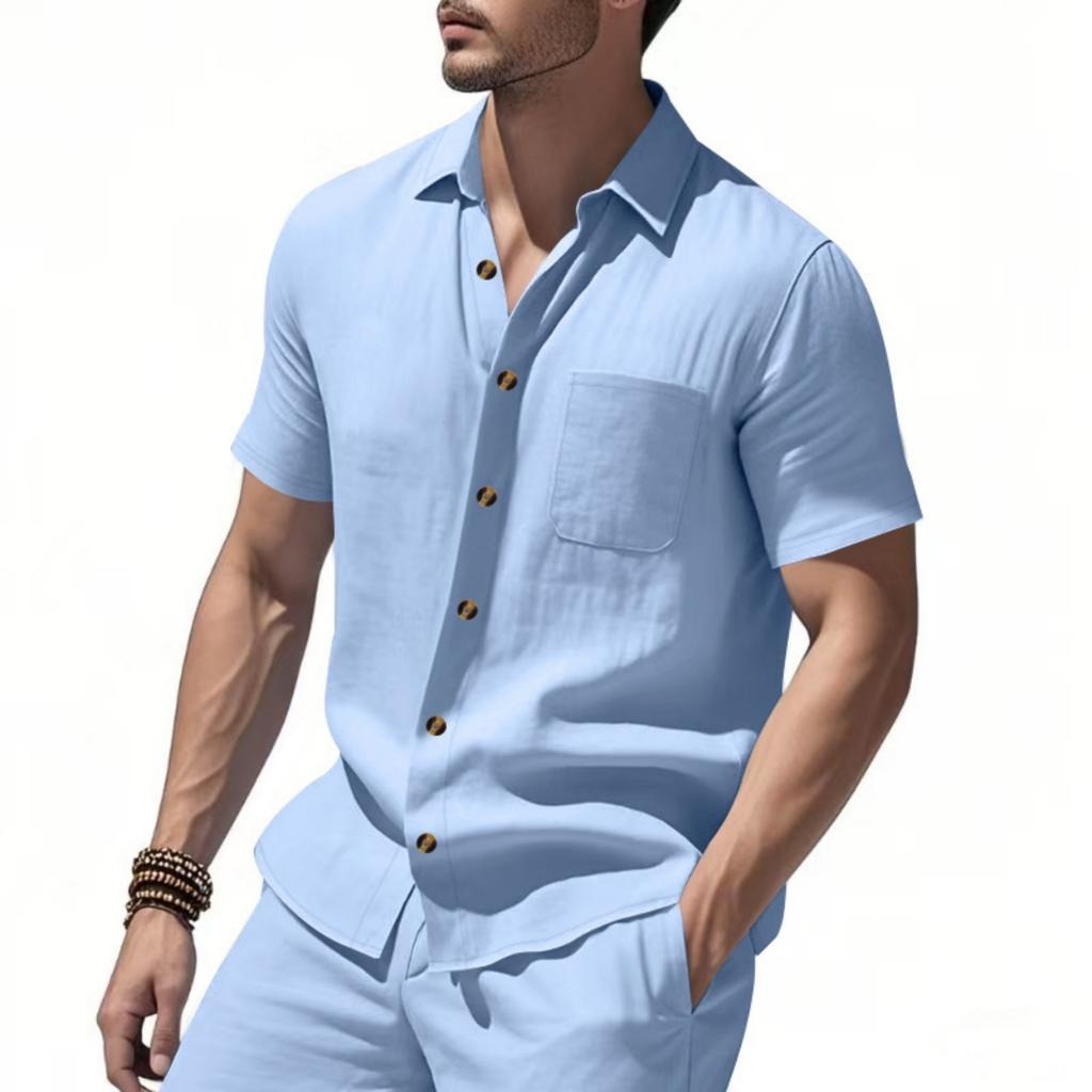 Men's Casual Business Short-Sleeve Shirt - Plus Size Collared Solid Color Pocket Button-Down Shirt