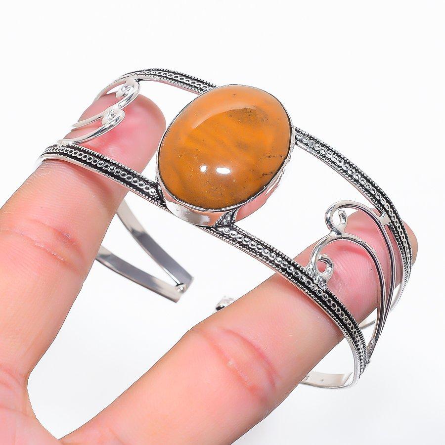 Fossil Coral Gemstone 925 Sterling Silver Cuff Bangle Adjustable