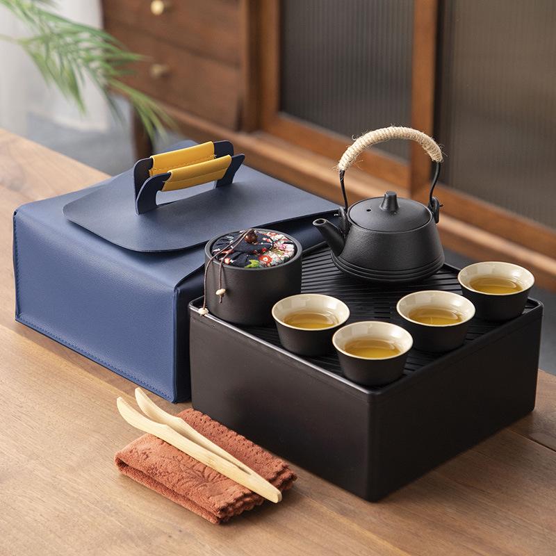 Japanese-style black pottery outdoor portable travel tea set, beam pot, dry tea tray, business company gift