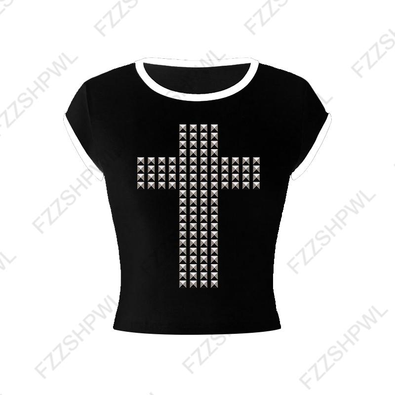 VAYLA Gothic Punk Rock Hip Hop Damska koszulka z krótkim rękawem Seksowna, dopasowana, szykowna, swobodna, podstawowa, metaliczna, dekoracyjna, krótka bluzka Y2K Emo Girl Clothes