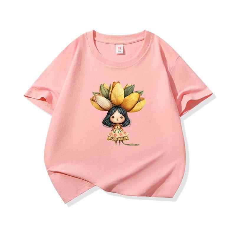 Kids Cotton T Shirt Yellow Tulip Girl Print Crew Neck Short Sleeve Tee Casual Breathable Boys Girls Summer Tops 100