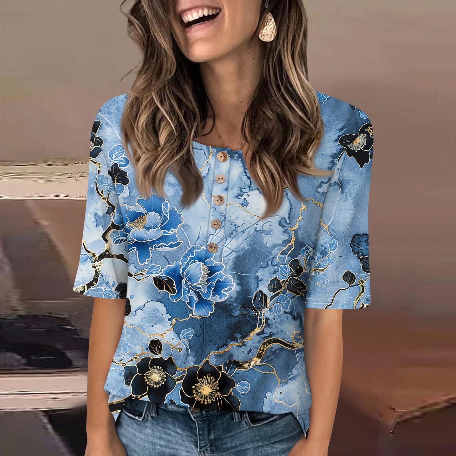 

Shirts For Women Trendy Round Neck T Shirts Casual Printed Summer Tees T Shirt Blouse Half Sleeve Tops For Women L синий