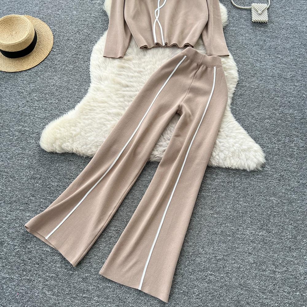 Autumn Winter Women Casual Knitted Sweater Trouser Two Piece Set Full Sleeve Flower Pullover Tops and Wide Leg Pant Tracksuit