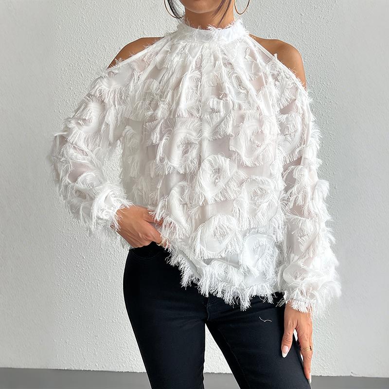 Spring new, neck-hanging off-the-shoulder shirt women s design sense three-dimensional beard fringed loose temperament long-sleeved top S белый