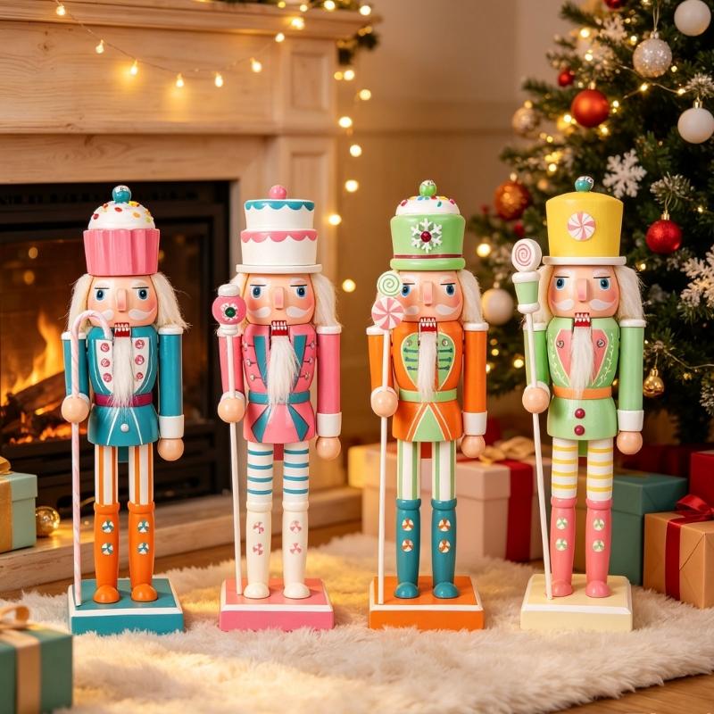 Seasonal Candy Colored Nutcrackers Figurine Wooden Holiday Decoration with Classical Character and Freestanding Base for Tabletop Mantel Decors