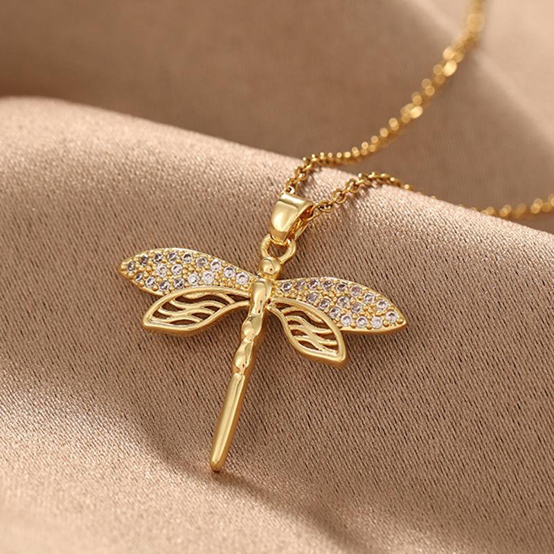Trendy Gold Color Dragonfly Wings Necklaces For Women Stainless Steel Crystal Necklace Everyday Jewelry Gifts