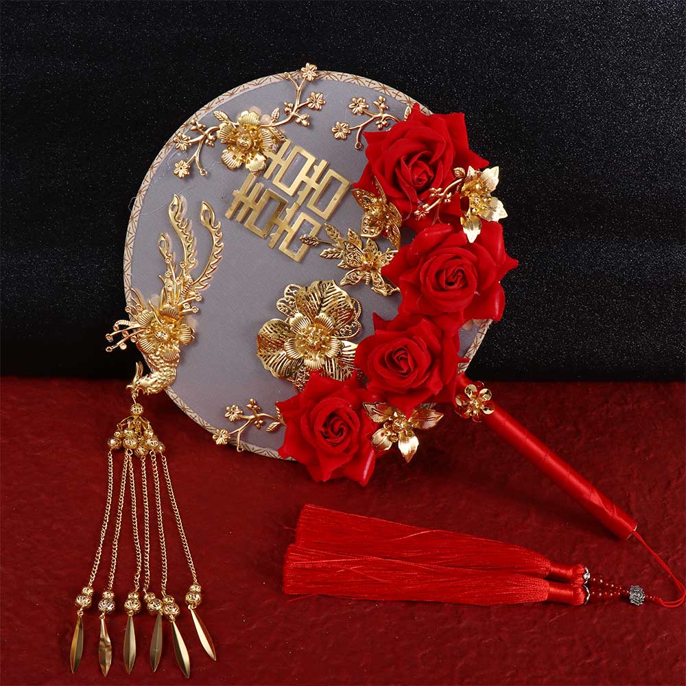Vintage Decoration Prop For Bride Gold Red Bridesmaid Fan Bouquet Photography Ornaments Decor Craft