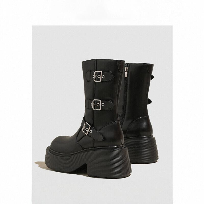 Height-increasing Thick-soled and Thin Medium Boots Women's 2025 Spring New Belt Buckle Fashion Boots Leather High-heeled Niche Short Boots