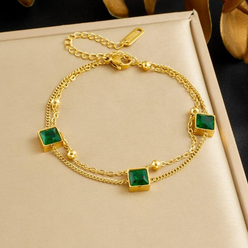 Gold Plated Double Layer Bracelet with Square Green Zircon, Vintage Emerald Charm Chain for Women, Dainty Elegant Daily Jewelry