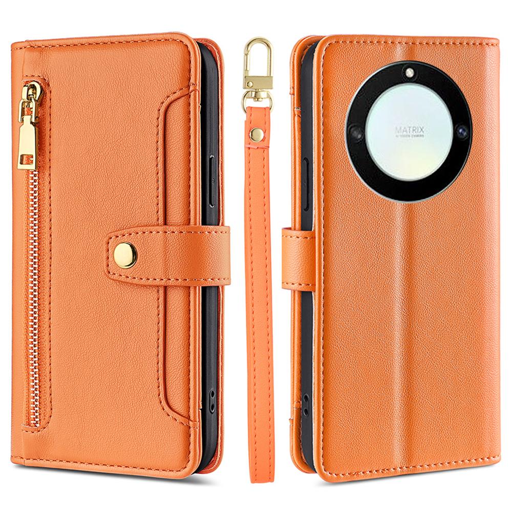 

For Honor X40 5G/X9a 5G/Magic5 Lite 5G Leather Wallet Cover Zipper Pocket Phone Stand Case with 2 Straps Orange