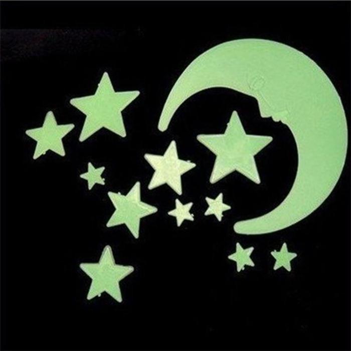 Stars Moon Sun Luminous Glow In The Dark Fluorescent Home Wall Stickers Decal (11 Stars +1 moon)/set