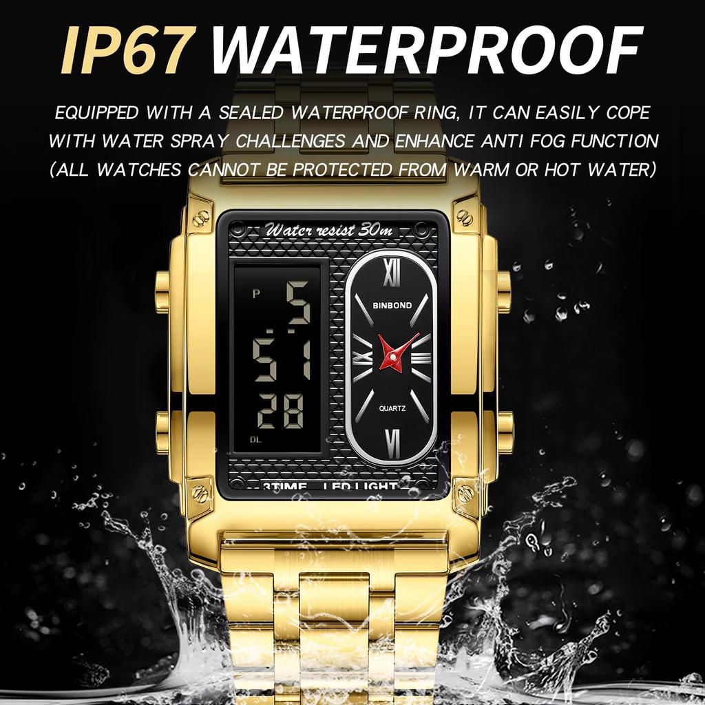 BINBOND 2311 Luxury Men's Quartz Watch Luminous LED Electronic Watch for Man Water-Resistant Stainless Steel Strap Reloj Hombre