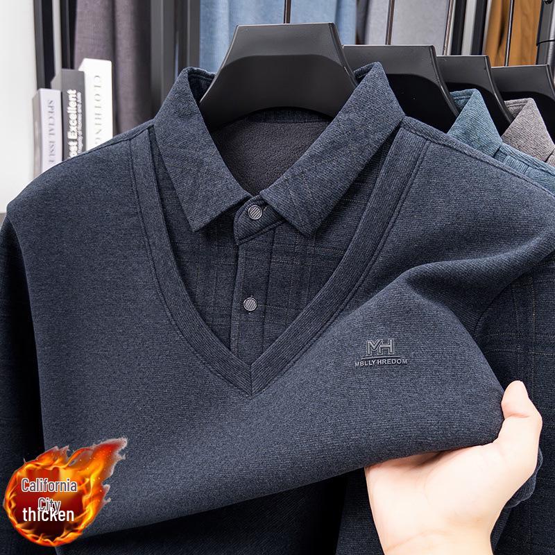 Men's Wool & Silk Two-Piece Look Sweater, Turn-Down Collar, Plus Velvet Lining, Warm Knitted Winter Wear for Dad