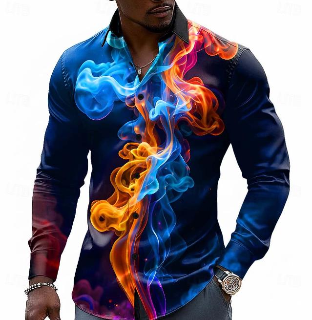 Men's Abstract Pattern Printed Long Sleeve Shirts Casual Cardigan New Button Holiday Fashion Shirts