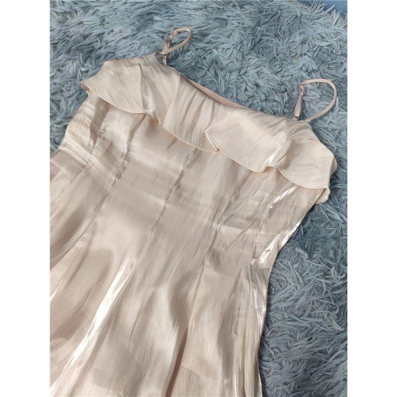 Foreign Trade on Champagne Slimming Lady Sling Bright Silk Frill Elegant Personality All-matching Frill Dress