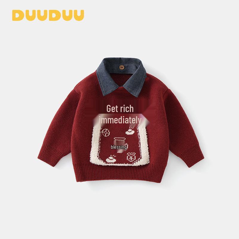 DUUDUU 2025 Корейский стиль Красный новогодний свитер для мальчиков 90 cm