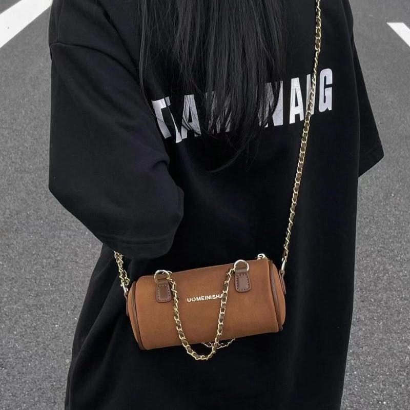 Retro Chain Cylinder Handbag Women Leather Frosted Large Capacity Shoulder Bag Ladies High End Fashion Pillow Crossbody Bag 2025