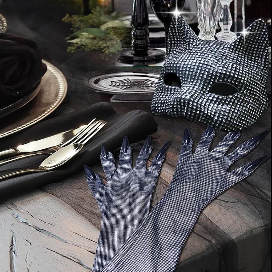 Rhinestone Cat Girl Mask Gloves Set Cosplay Prop Masquerade Gloves  Dance Performance
