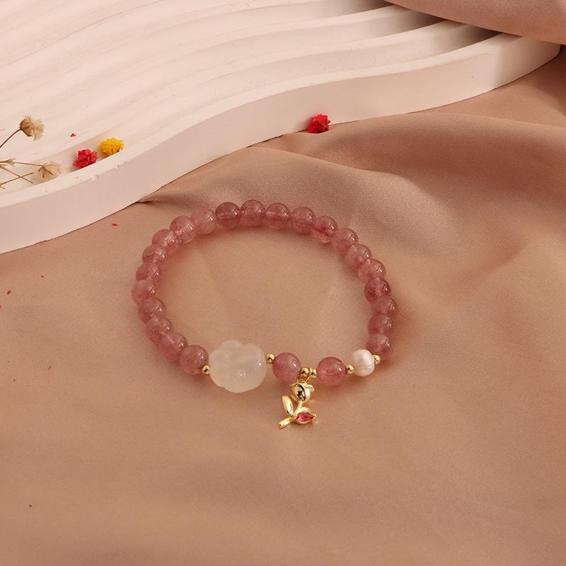 Natural Strawberry Crystal Bracelet, Peach Blossom Bracelet, Moonstone Cat's Claw Crystal Pixiu Natural Freshwater Pearl Bracelet.