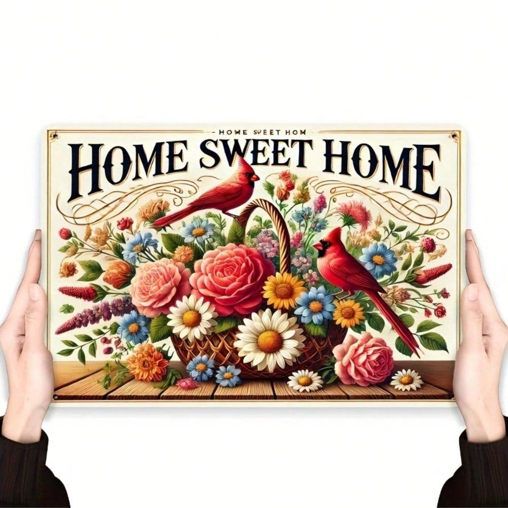 Metal Wall Decor Home Sweet Home Floral Bird Sign Vintage Rustic Room Hanging Indoor Outdoor