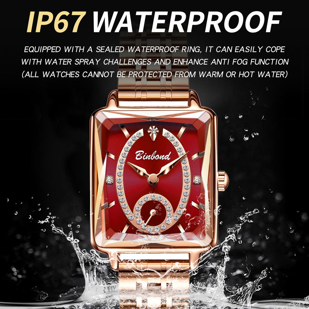 BINBOND Women's Rectangle Quartz Watch Fashion Luminous Waterproof Zircon Durable Casual Luxury Quartz Watch For Ladies