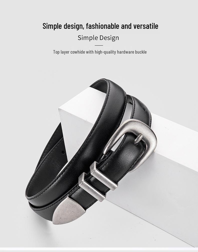 Ceinture pour femme en cuir véritable avec boucle fer à cheval, polyvalente, amincissante et tendance style coréen pour jeans, cuir de vache noir.