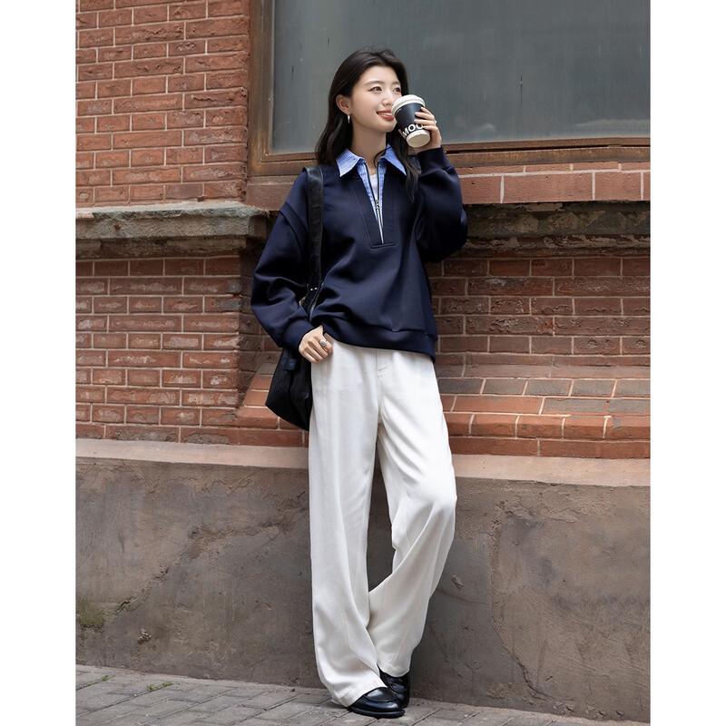 Demana Women's Fall Faux Two-Piece Striped Polo Sweatshirt