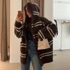Hooded Striped Medium and Long Large Size Knitted Cardigan Women's Autumn and Winter Loose Lazy Wind Loose Soft Waxy Sweater Jacket Top