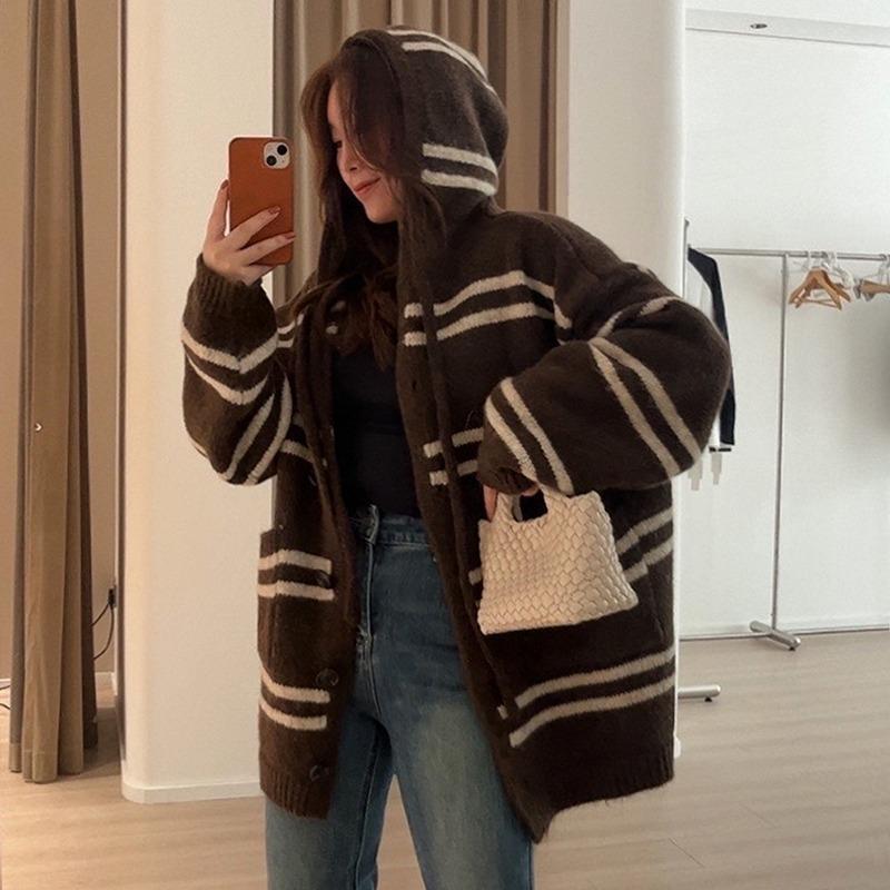 Hooded Striped Medium and Long Large Size Knitted Cardigan Women's Autumn and Winter Loose Lazy Wind Loose Soft Waxy Sweater Jacket Top