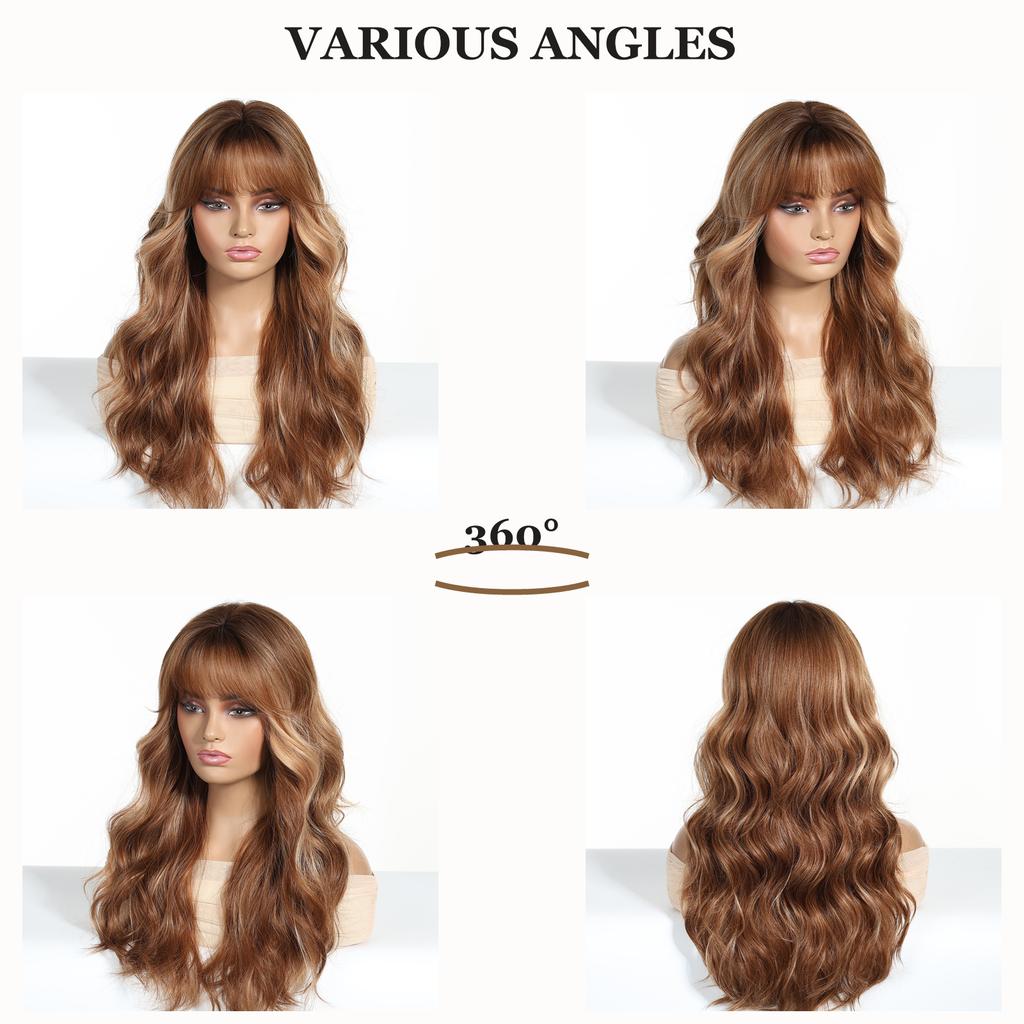 24 Inch Auburn Brown Blonde Wavy Curly Wig with Bangs, Layered Highlight Heat Resistant Synthetic Wig for Women Halloween Cosplay Party Daily Wear
