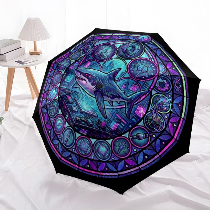 Cybernetic Shark Mandala pattern umbrella, portable and foldable design, 8 ribs, a casual accessory for Halloween, Christmas, and birthday gifts.