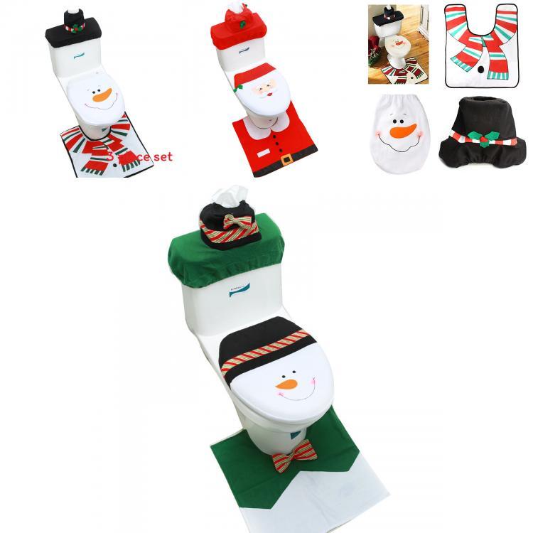 Christmas Themed Santa Claus Snowman Pattern Toilet Cover Three Piece Set For Holiday Bathroom Decor
