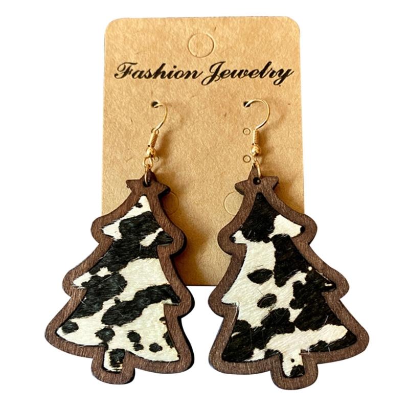 Wood Christmas Tree Dangle Earrings Women Leopard Grow Print Genuine Leather Christmas Earring New Year Ear Jewelry Gift