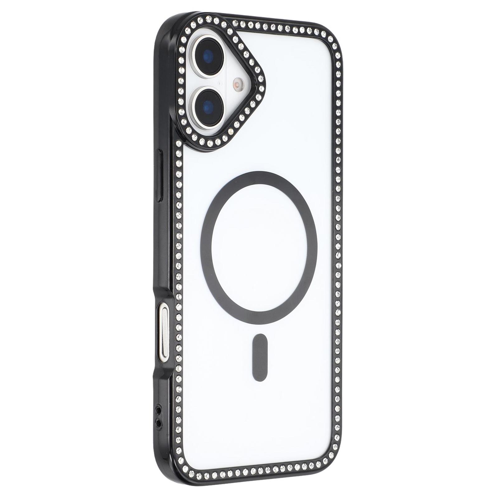 

For iPhone 16 Case Compatible with MagSafe Sparkling Rhinestone Decor TPU+PC Clear Phone Back Cover Black