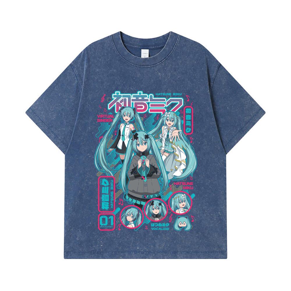 275 GSM Washed T-shirts 100% Cotton Vocaloid V1 Hatsune Miku Print Unisex Heavy Cotton T Shirt
