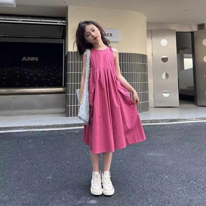Girls Summer Solid Loose Tank Dress Sweet Princess Midi Length Casual Dress For Big Kids 110