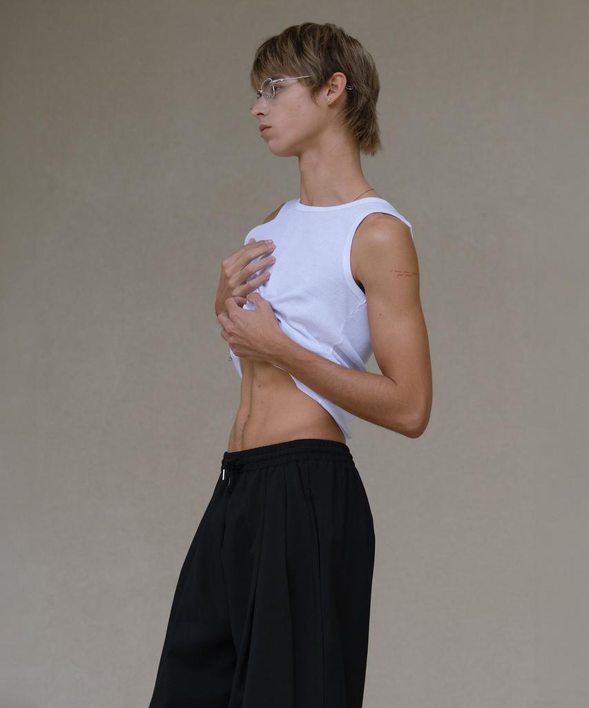 Dekkoloso Cool Linen-Like Double-Pleated Wrinkle-Free Wide Elastic Pants [Black]